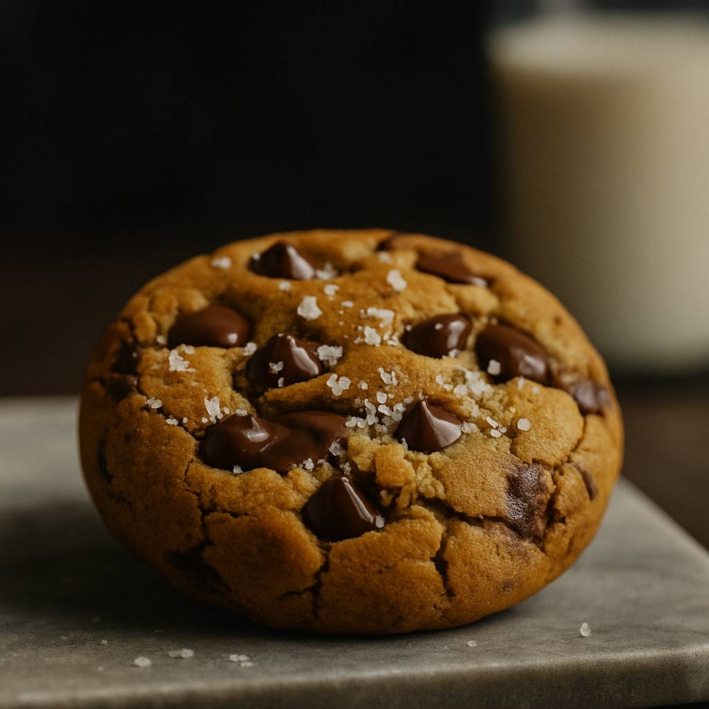 Chocolate chip cookie with sea salt on a marble slab