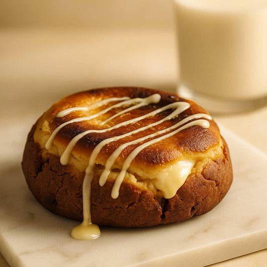 Golden burnt Basque cheesecake cookie with caramelised top and creamy centre on marble with a blurred glass of milk.