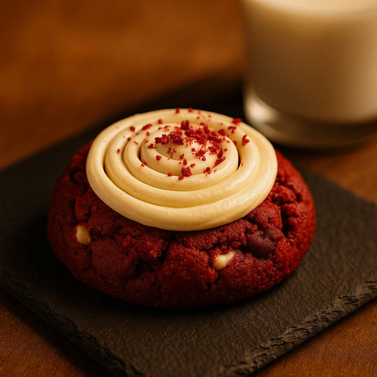 Red velvet cookie with white chocolate chunks, cream cheese swirl, and crushed raspberry dust on slate with milk in the background.