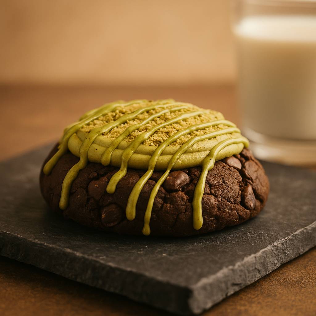 Triple chocolate cookie topped with pistachio cream, knafeh crumble, and pistachio drizzle on slate with a glass of milk.