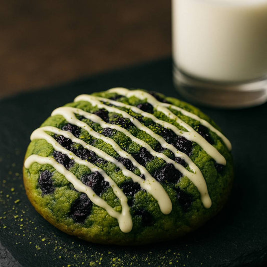 Vibrant green matcha cookie with blueberry swirl, white chocolate drizzle, and matcha crumb on a slate surface with milk.