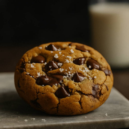 Golden salted chocolate chip cookie with melted chocolate pools and sea salt flakes, resting on slate with milk.