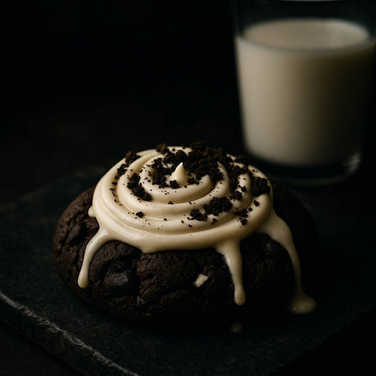 Cookies and cream cookie with a swirl of white frosting, Oreo crumb, and soft lighting beside a glass of milk.